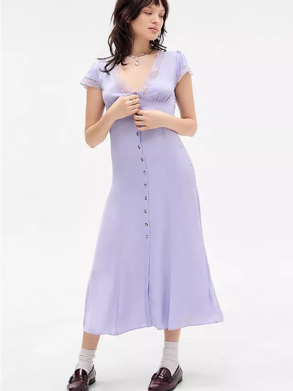 Kimchi Blue Lilac Button-Front Lace-Trim Midi Dress